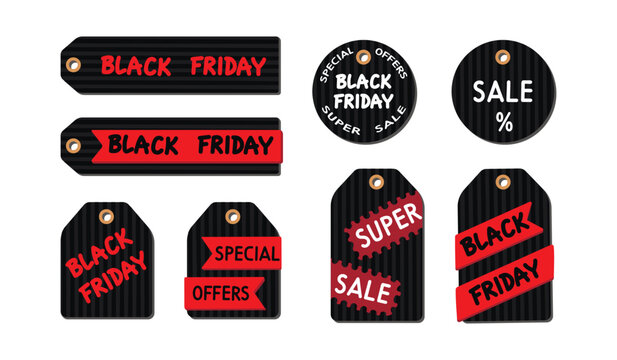Black Friday Tags Set.Vector designs in red,black and white colors.Collections of labels with hahd written Specials Offers,Super Sale.Objects are isolated on white background.Flat illustration.