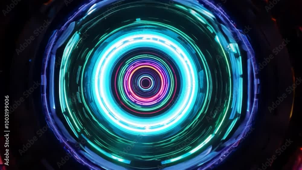 Poster glowing neon circles create a tunnel effect. purple and green lights spin rapidly, creating a mesmer