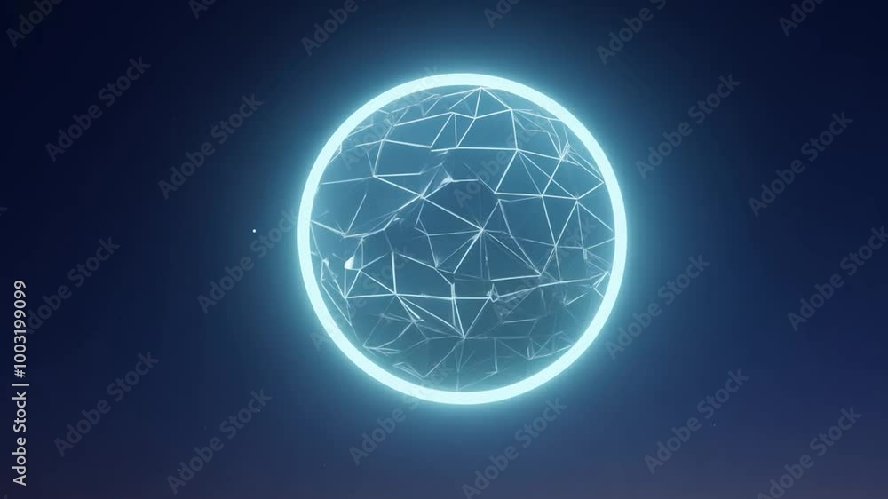 Poster glowing sphere rotating slowly against a dark blue background with subtle particles. ideal for any p