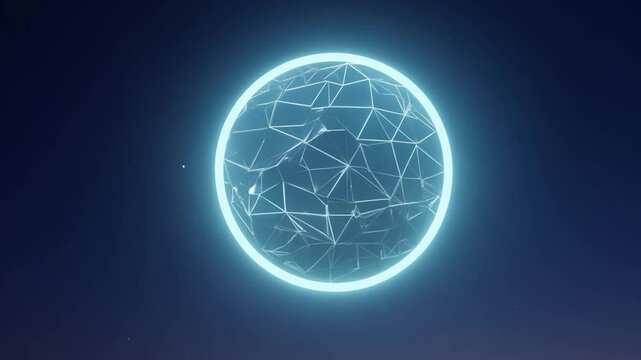 Glowing sphere rotating slowly against a dark blue background with subtle particles. Ideal for any project that requires a futuristic look