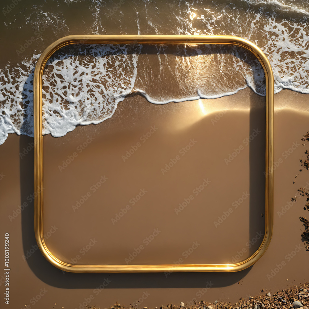 Poster mesmerizing aerial view of a beach with a golden square with rounded corners casting a shadow on the