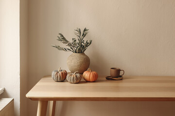 Elegant autumn interior. Vase with olive branches. Little pumpkins on wooden table desk. Home office. Scandi interior. Thanksgiving, Halloween holiday decor. Cup of tea, coffee, tea. Beige wall mockup