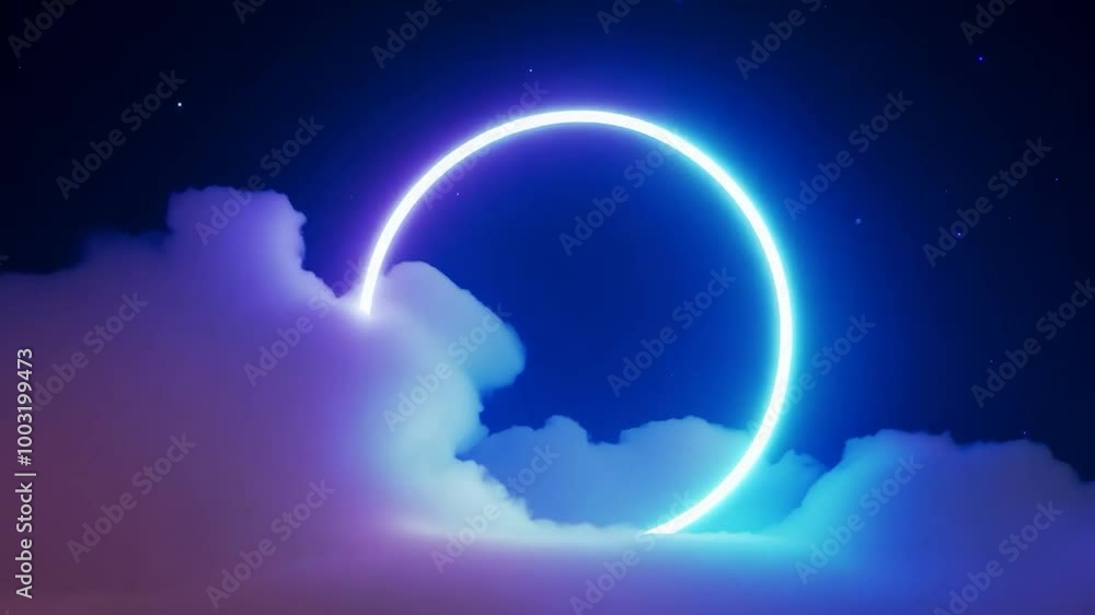 Poster bright neon circles change color while floating among clouds. a dark blue night sky filled with star