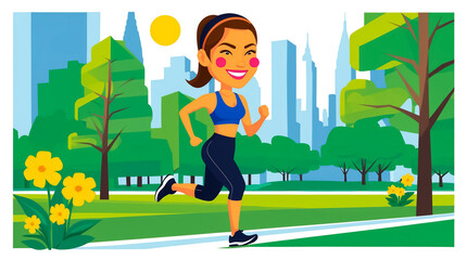 Fototapeta premium Cartoon active young woman jogging in the park in summer , flat design illustration