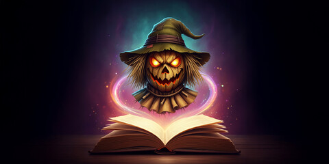 Halloween Scarecrow Floating out of Open Book, Reading is Fun, Read Storybook Imagination, Scary Story Graphic