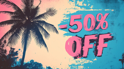Bright, cheerful summer poster with palm tree silhouette in pink and light blue tones and bold text "-50% off" in retro style.