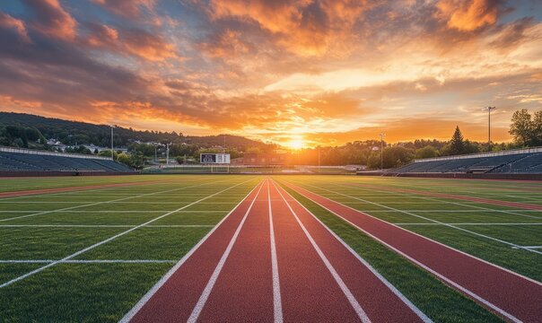 Field level view of a high school track and football field in at sunrise