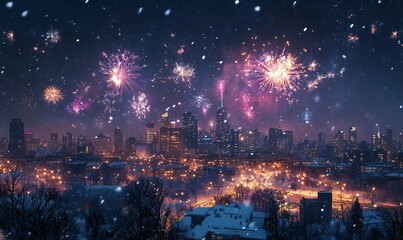 Fireworks over a snow-covered city on New Year's Eve, joyful celebration, December 31