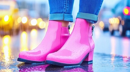 Colorful Pink Rain Boots in Puddle on Rainy Day