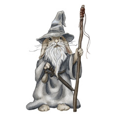 Old rabbit dressed as a wise wizard holds a staff and wears a pointed hat.Can be used for the design of mobile or board game, DND Characters.for greeting cards, a drawing for a book, sticker or a blog