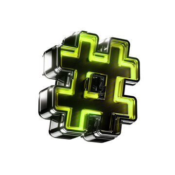 3d hashtag mark led metallic sign green neon isolated on transparent background