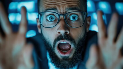 A man with glasses and beard making a face in front of computer, AI