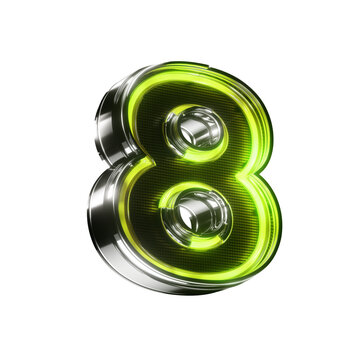 3d number eight led metallic sign green neon isolated on transparent background