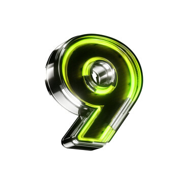 3d number nine led metallic sign green neon isolated on transparent background