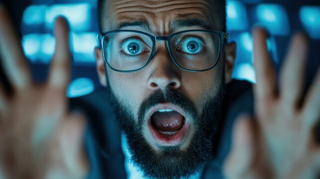 A man with glasses and beard making a face in front of computer, AI