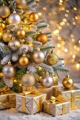 Fototapeta premium Beautiful Christmas gift boxes and presents under the Christmas tree on a silver background. Merry Christmas and happy New Year greeting card with copy-space