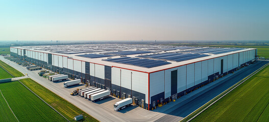 Aerial view of a modern car seat production warehouse with solar panels and factory-painted illustrations