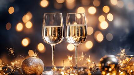 New Year Eve celebration with champagne and shiny golden background . Champagne glasses 