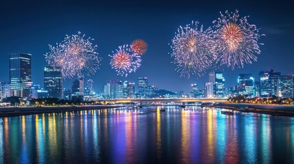Obraz premium colorful fireworks lighting up the sky above downtown buildings and river
