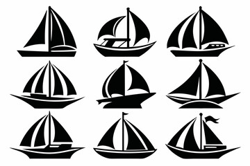  Sailboat icons set, stock vector, boat logo silhouette black isolated vector art illustration