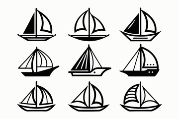 Sailboat icons set line art, stock vector, boat logo silhouette black isolated vector art illustration