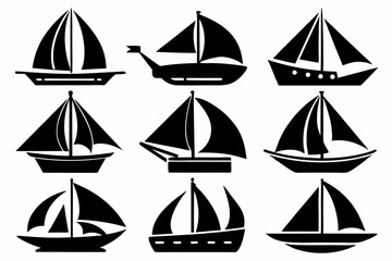  Sailboat icons set, stock vector, boat logo silhouette black isolated vector art illustration