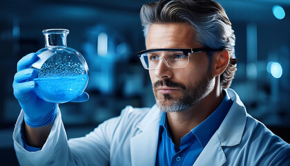 In the lab scientist studies a blue substance, driving medical breakthroughs