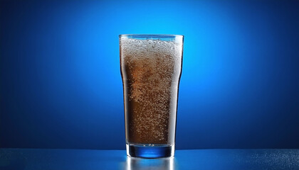 Carbonated soda glass on blue background
