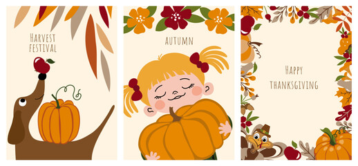 Painted autumn illustrations. A set of postcards with turkey, mushrooms, a dog and a girl with pumpkins. Thanksgiving, harvest festival. Greeting cards, poster, banner, frame with space for text.