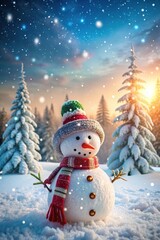 Obraz premium Cute smiling snowman with red scarf and hat with a broom in his hand. A winter Christmas landscape with the moon. Merry Christmas and happy New Year greeting card with copy-space
