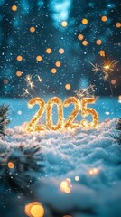 A snowy landscape illuminated by the glowing number '2025', surrounded by golden bokeh lights, creating a warm, festive atmosphere perfect for New Year celebrations.