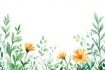 Border with herbs, wild flowers, leaves. Botanical Illustration Colorful illustration on white background. Spring composition with butterfly.