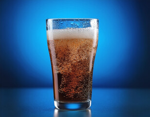 Carbonated soda glass on blue background