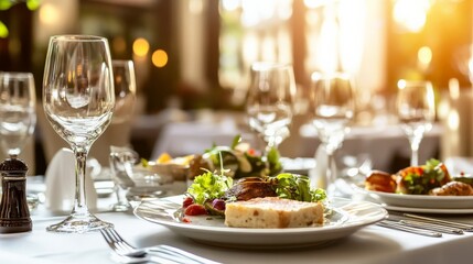 Elegant Fine Dining Table Setting with Delicious Gourmet Meal