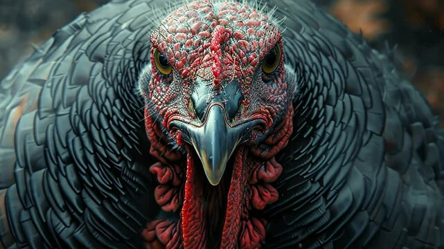 A close-up view of a wild turkey in its natural habitat. The turkey's dark feathers are prominently displayed