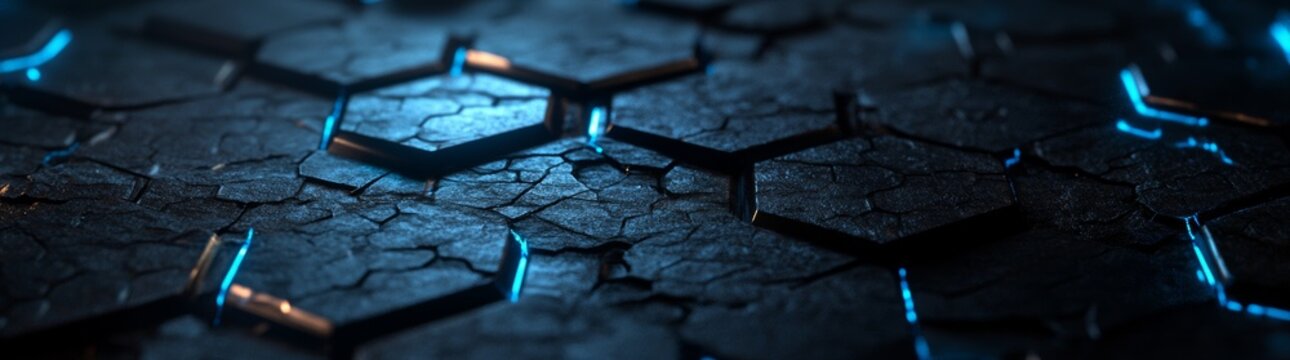 Hexagonal geometric background with bright energy light passing through cracks in the structure. 3D render.