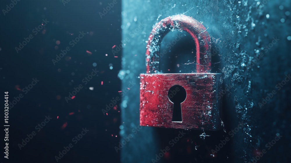 Poster rusty padlock on dark background with dust particles