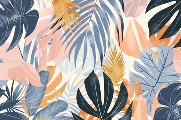 Fototapeta premium A colorful painting of a tropical forest with many different types of leaves