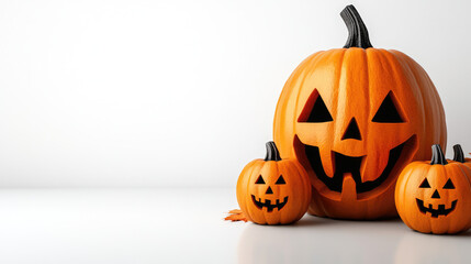carved pumpkins on plain white background 
