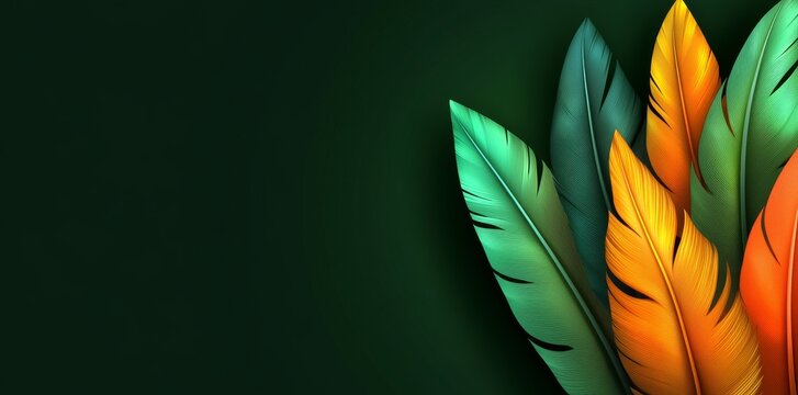 A multicolored feather composition on a dark green textured background. Murali art for interiors.