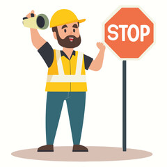 Road worker man character holds stop sign. flat cartoon illustration