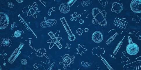 An illustration of school doodles on a blue background. Handdrawn.