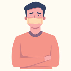 Young guy with a sealed mouth. The man cannot speak Flat illustration