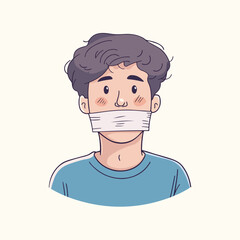 Young guy with a sealed mouth. The man cannot speak Flat illustration