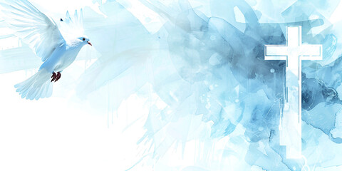 Dove flying with cross, Christian symbol of peace and faith, International Day of Peace abstract background