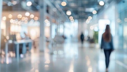 Blurred background of a modern office interior with casual business people working and meeting in an open space, a young female manager walking through the room.