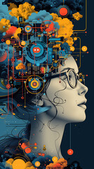 woman's profile intertwined with complex circuits and digital patterns. This powerful representation of the human-machine