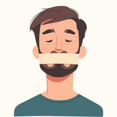 Young guy with a sealed mouth. The man cannot speak Flat illustration