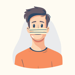Young guy with a sealed mouth. The man cannot speak Flat illustration