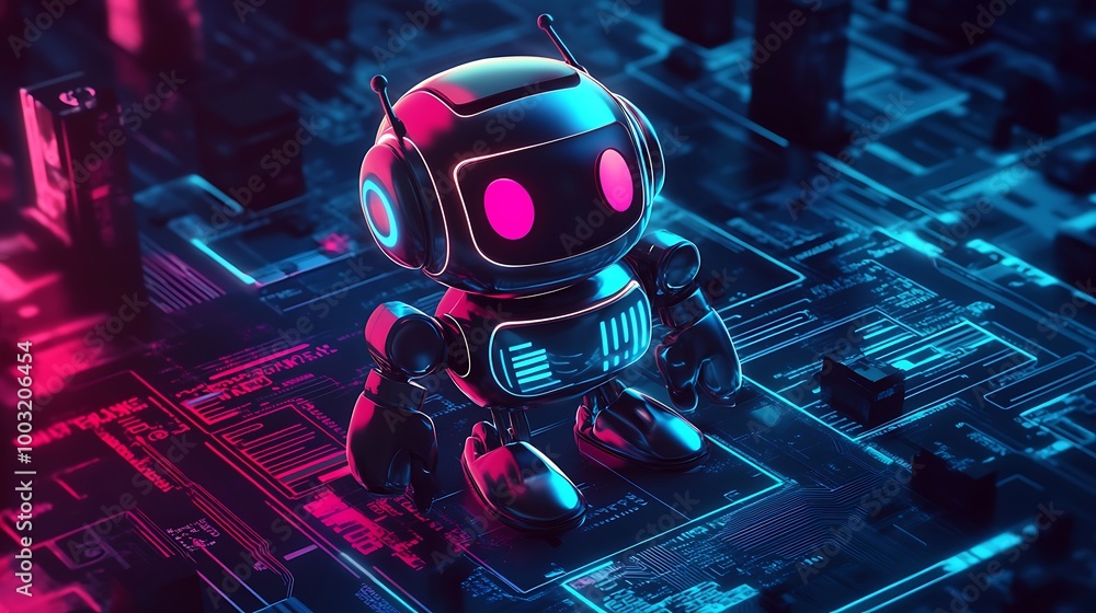 Poster neon robot on circuit board, futuristic artificial intelligence concept